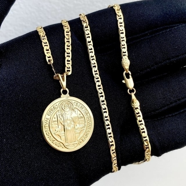 Corrente piastrine aberta [4 mm] 60 cm + medalha de são bento [2,5 cm